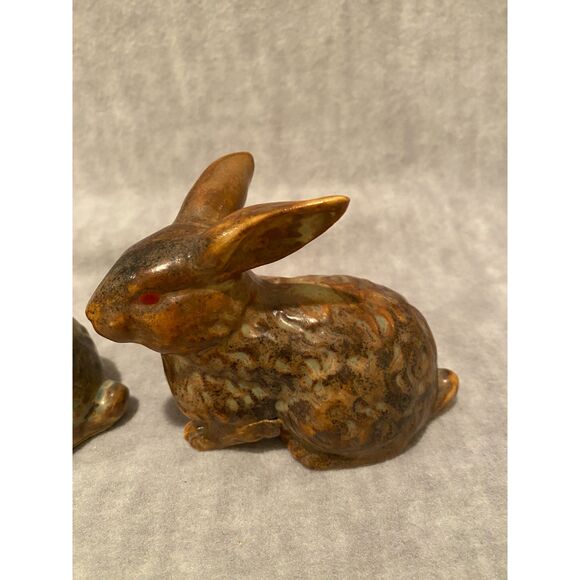 Vintage Set of 2 Ceramic Bunny Rabbits made in Japan‎ Brown & Teal #9WT68 - Picture 3 of 8